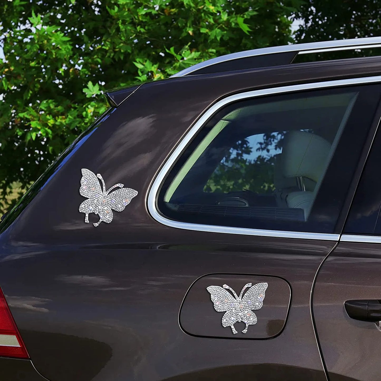 7x6cm diamond-encrusted glass car sticker showing butterfly and bear claw designs with strong adhesive backing