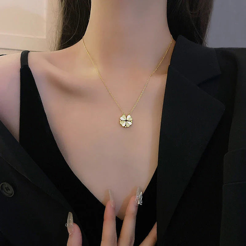 Elegant Four-Leaf Clover Pendant Necklace - Sparkling Crystal Heart Jewelry Gift for Women