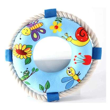 25cm diameter dog pull ring chew toy with squeaker in blue, red or yellow designs