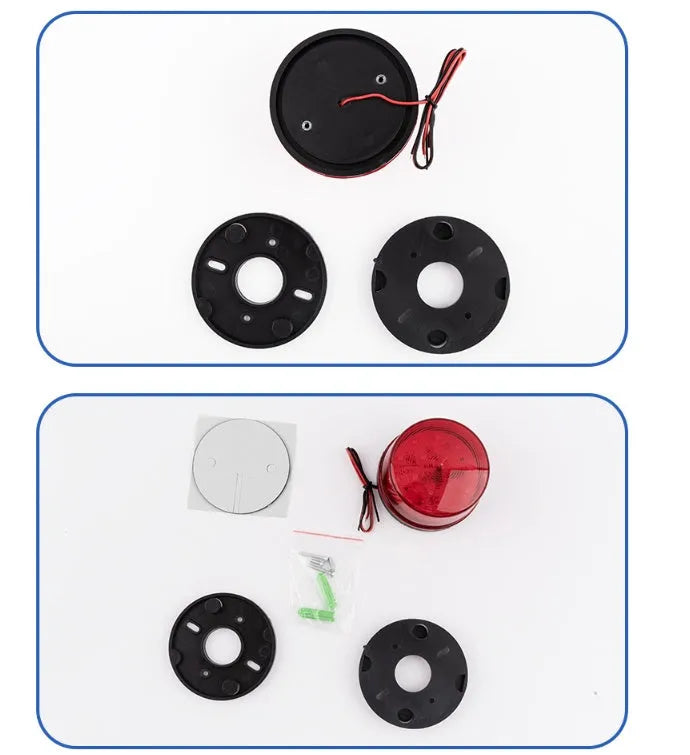 Small Flash 24v warning light showing 73mm diameter, 45mm height with red housing and mounting base