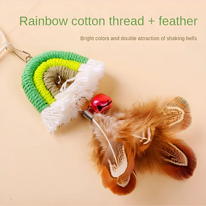 Feather cat rope hanging door toy with elastic swing and sticky buckle clamp in blue, green, or pink colours