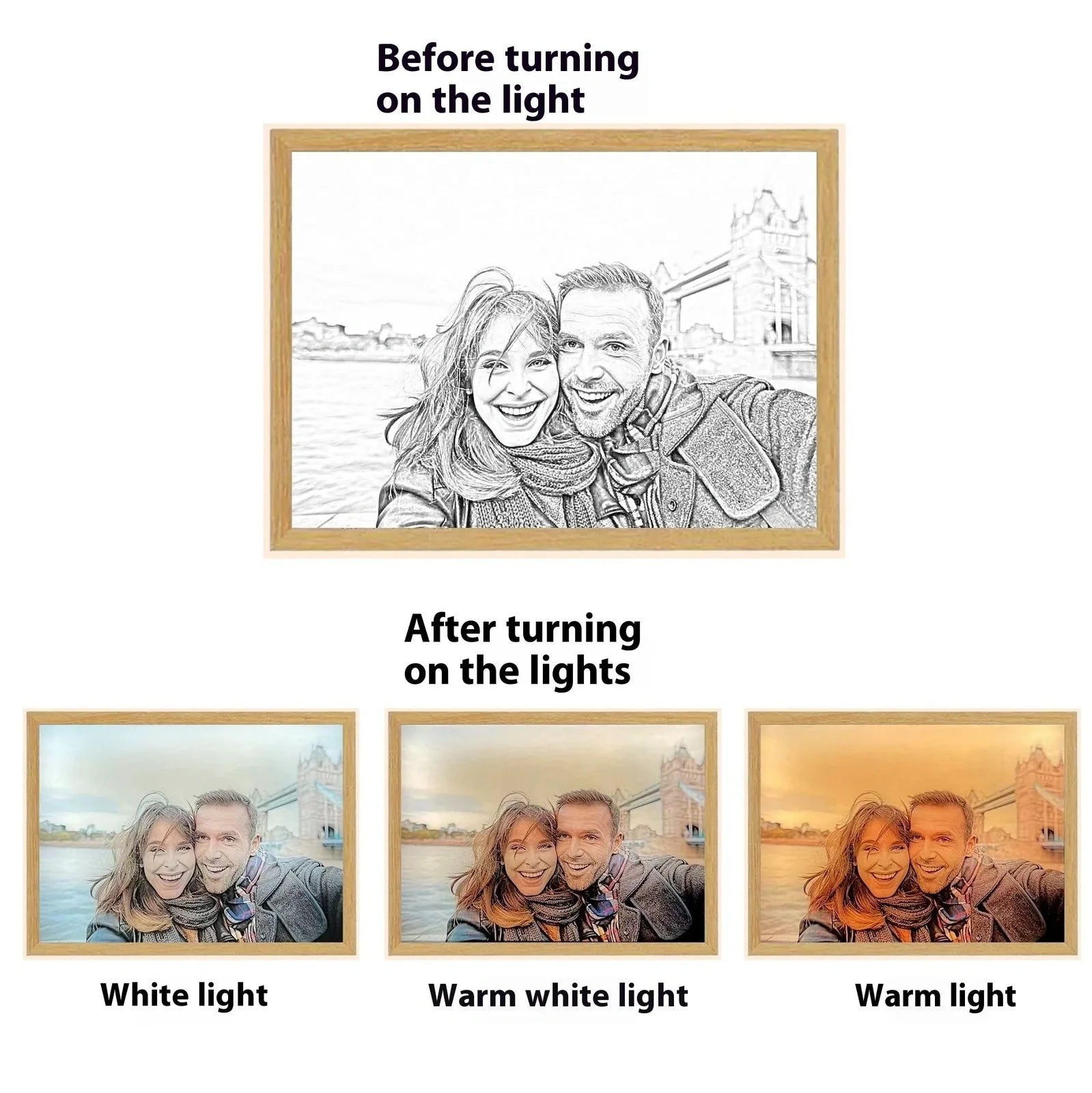 Personalised LED photo frame displaying custom black-and-white sketch with tri-colour lighting options