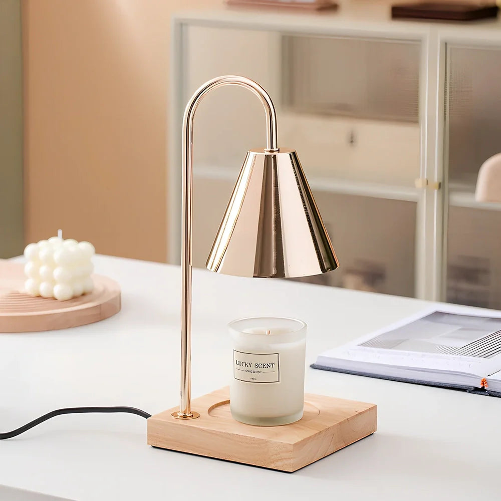 Wooden aromatherapy wax melting lamp with dimmable lighting and iron art metalwork