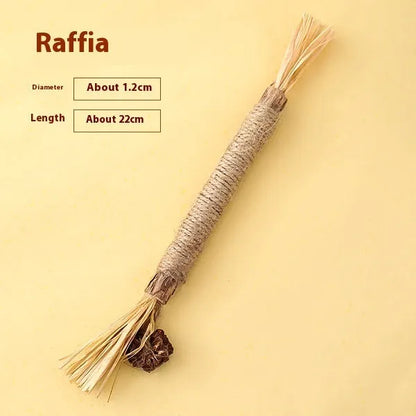 Wood skirret polygonum cat molar rod with catnip lafite grass and raffia detailing, 2.2 cm diameter