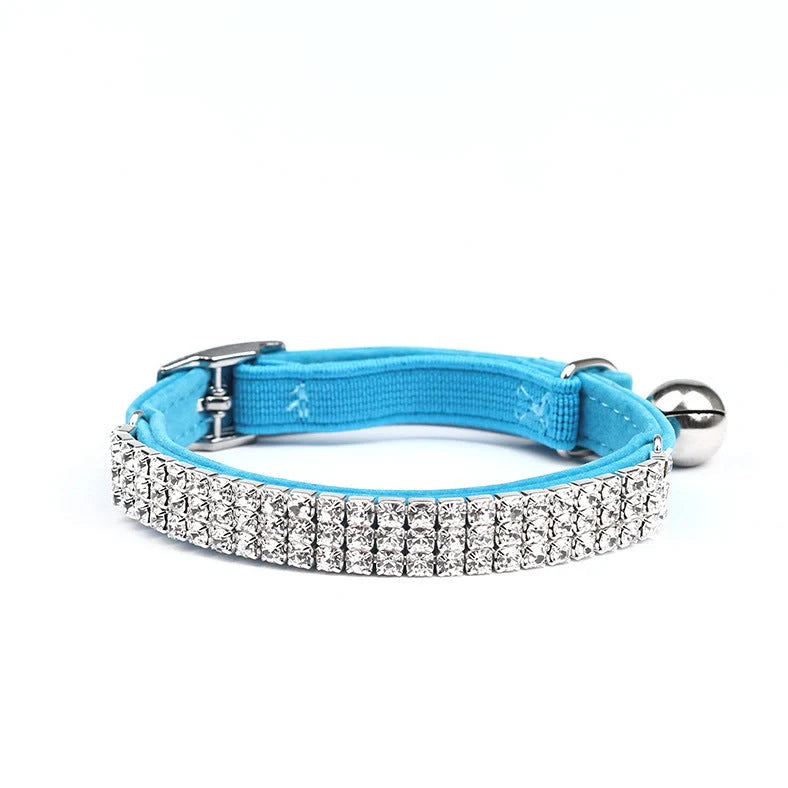 Adjustable velvet cat collar with rhinestones in five colour options showing 20-30cm length
