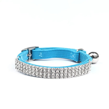Rhinestone suede cat collar with adjustable 20-30 cm length and 1 cm width in red, blue, purple, black, or pink