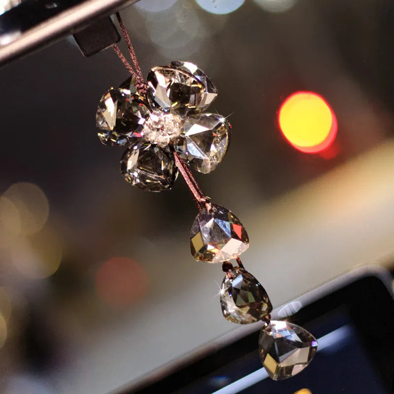 Crystal four leaf grass car interior pendant in transparent, champagne, black, or shiny finish, approximately 20cm long.