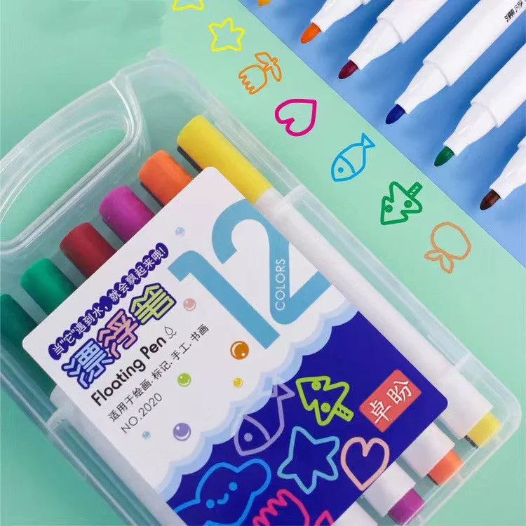 Children's Magic Water Floating Pen set with 12 vibrant, erasable colors in a durable PVC box