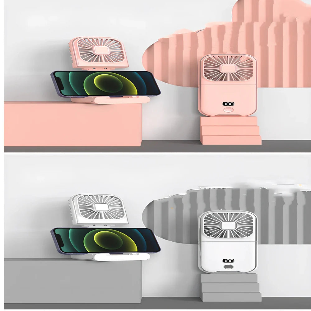 F30Pro folding portable handheld fan in white with digital display, 169x81x20mm size, USB charging, plastic blades for cooling