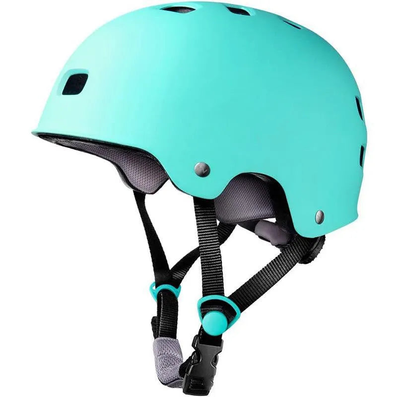 Children's skateboarding helmet in solid colour with ABS shell, shown in size S, M, and L.