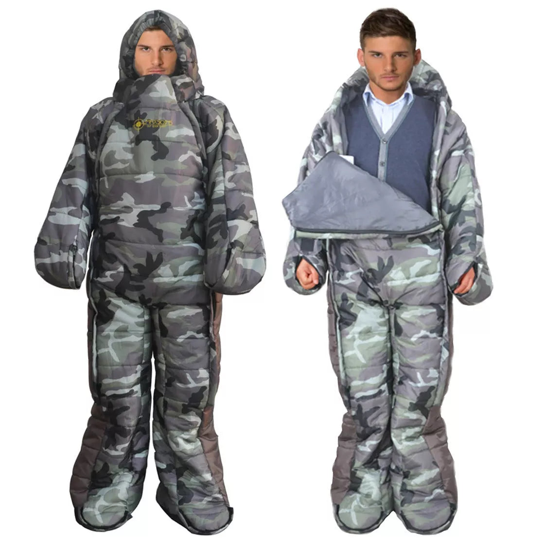 Human Walking Camping Outdoor Sleeping Bag in camouflage and blue-grey colors