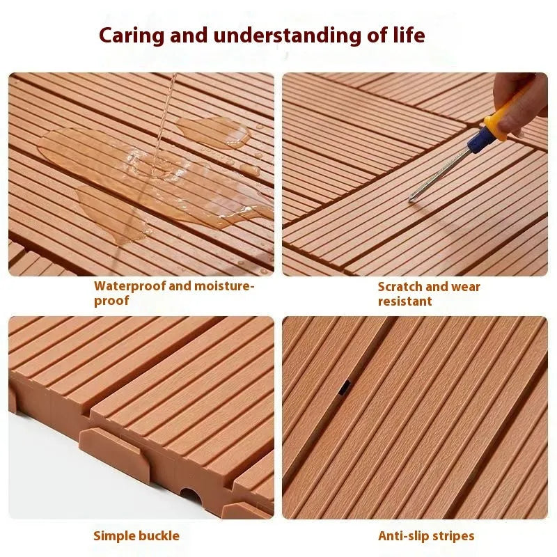 Plastic floor tiles with wood grain pattern showing 300x300mm dimensions and 23mm thickness profile