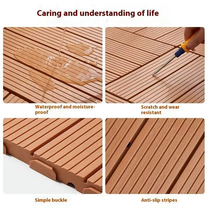 Plastic floor tiles with wood grain pattern showing 300x300mm dimensions and 23mm thickness profile