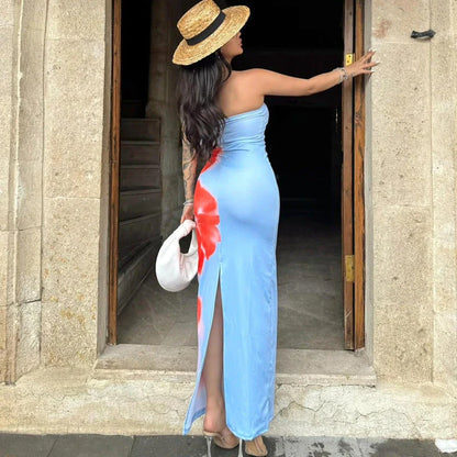Versatile slit maxi dress in vibrant contrast colors, perfect for summer parties and beach outings