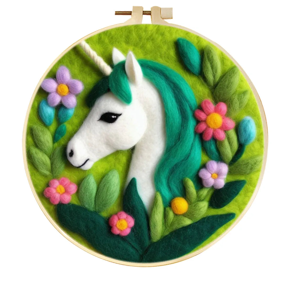Round fabric embroidery kit with 20x20cm linen frame and wool felt for three-dimensional floral artwork