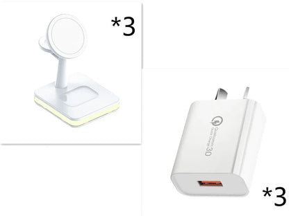 Black three-in-one wireless charger magnetic bracket on a desk charging multiple devices