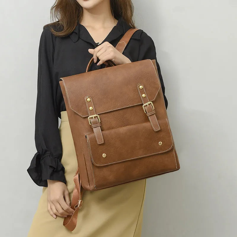 Korean retro style backpack showing ventilation channels on back panel, front view with zipper closed