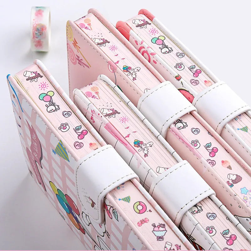 Small white Kaba Bear Hippo notebook with magnetic buckle, girl heart design, showing 224 pages and PU cover.