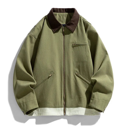 Korean-style loose fit couple jacket with contrast colour lapels and side seam pockets in polyester fabric