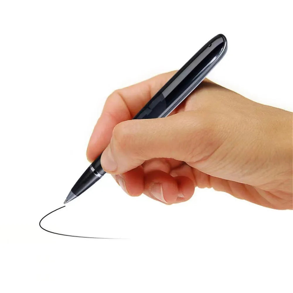 Black digital recording pen with OLED display screen showing recording time, next to included headphones and USB cable.
