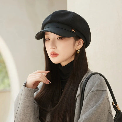 Stylish octagonal leather cap in black, gray, caramel, coffee, and milky white colors with breathable and windproof design