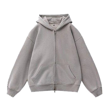 Women's fleece-lined distressed hooded cardigan sweater in loose fit with patch pockets
