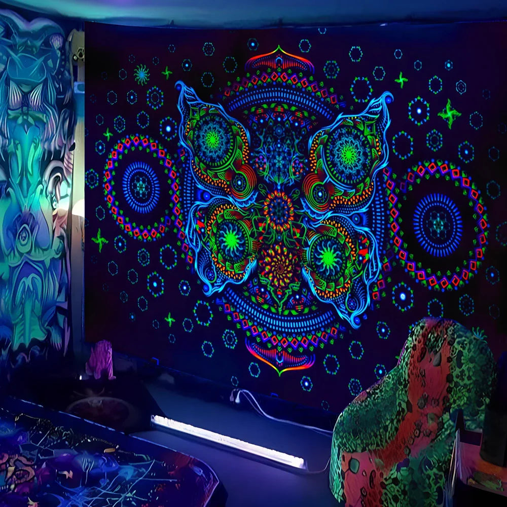 Fluorescent landscape tapestry in multiple colours and sizes with glowing UV effects