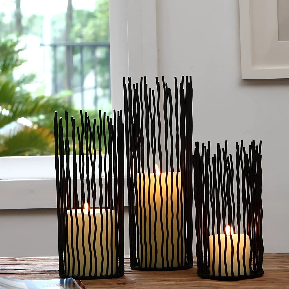 Black wrought iron geometric candle holder with manual craftsmanship and three size options