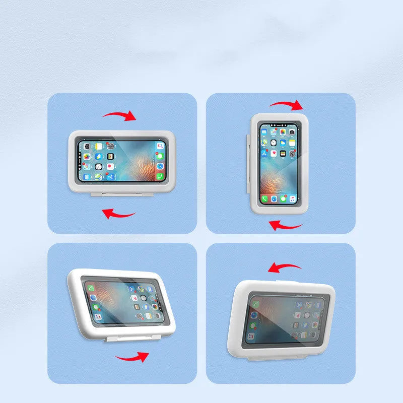 Waterproof shower phone holder mounted on bathroom tile with mobile phone visible through anti-fog window