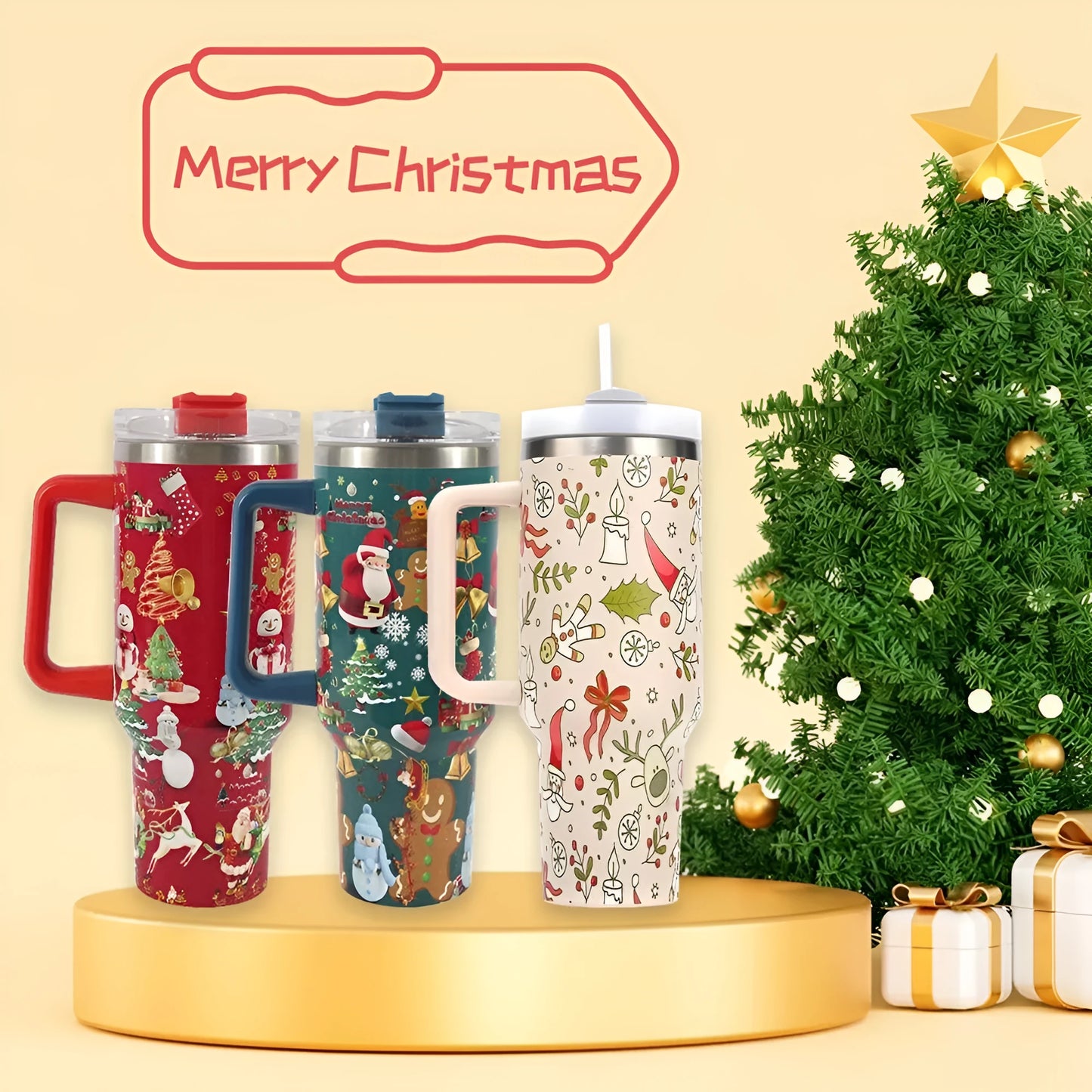Stainless steel travel tumbler with handle, 1200ml capacity, Christmas pattern design, car cup holder compatible