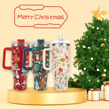 Stainless steel travel tumbler with handle, 1200ml capacity, Christmas pattern design, car cup holder compatible