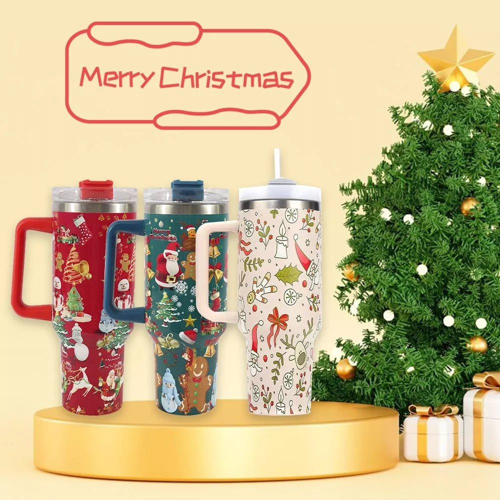 Christmas pattern stainless steel vacuum tumbler with handle and straw