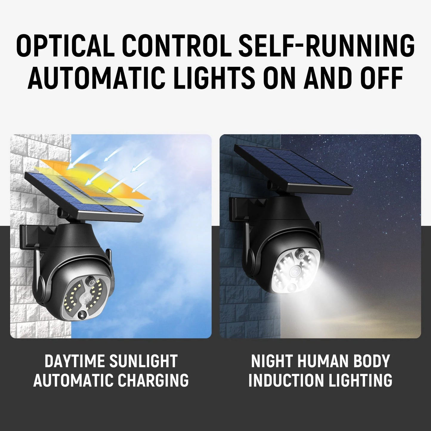 Solar-powered outdoor courtyard lights with human sensing and adjustable solar panels