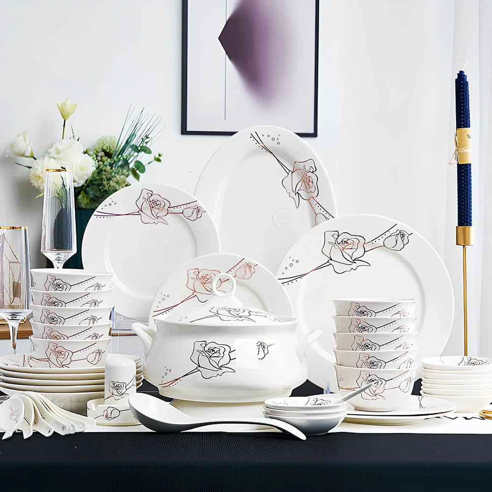 Bone china bowl and saucer set with overglaze rim patterns in Swan Lake design, 28-head configuration