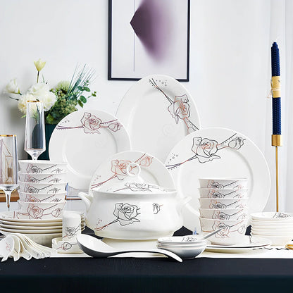 Bone china bowl and saucer set with overglaze rim patterns in Swan Lake design, 28-head configuration