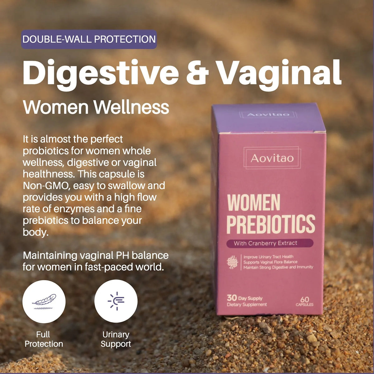 AOVITAO Women's Probiotic 60 Billion CFU capsules with cranberry and Lactobacillus reuteri, 60 count unflavored