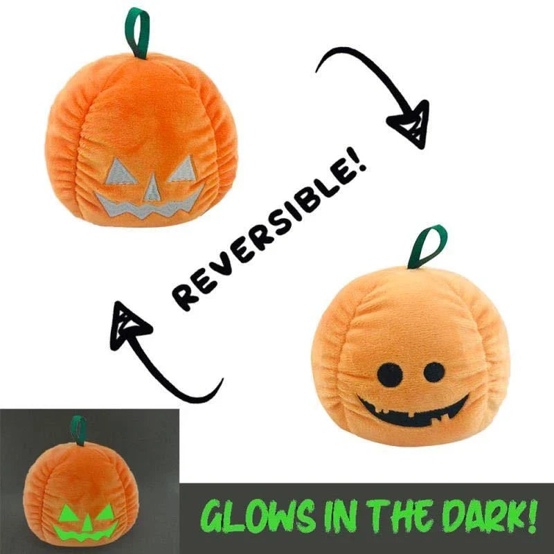 Reversible Halloween plush toys with glow-in-the-dark ghost and pumpkin designs that can switch between happy and angry moods