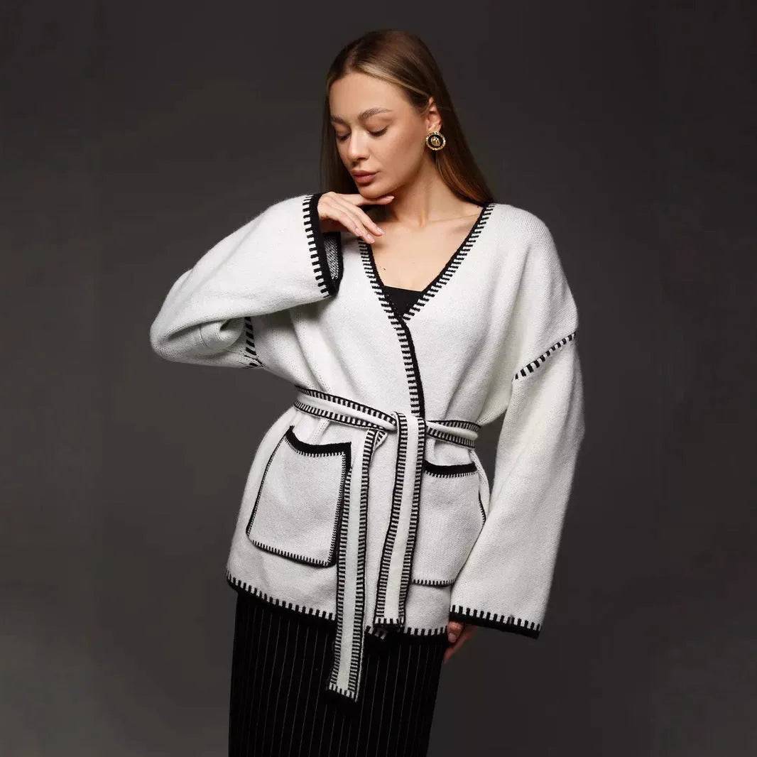 Lace-up knitted cardigan in camel colour with loose mid-length design and imitation cashmere fabric