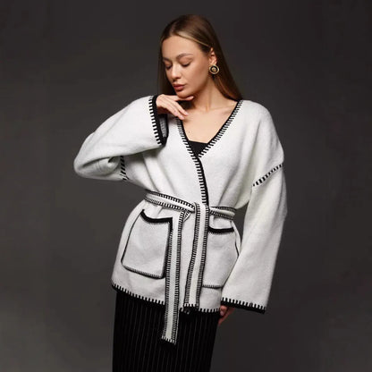 Lace-up knitted cardigan in camel colour with loose mid-length design and imitation cashmere fabric