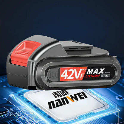 Rechargeable lithium electric drill with pistol grip and 10mm chuck, showing 20cm by 25cm dimensions