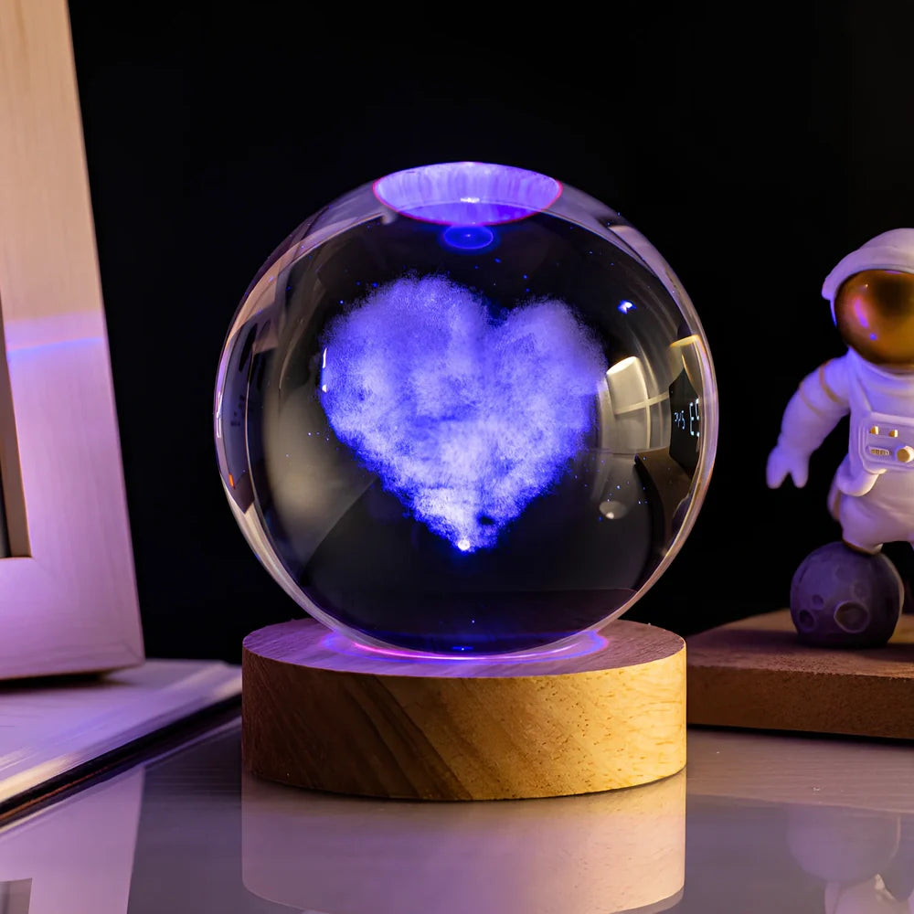 6cm crystal ball night light with Milky Way design on colourful base, USB cable connected