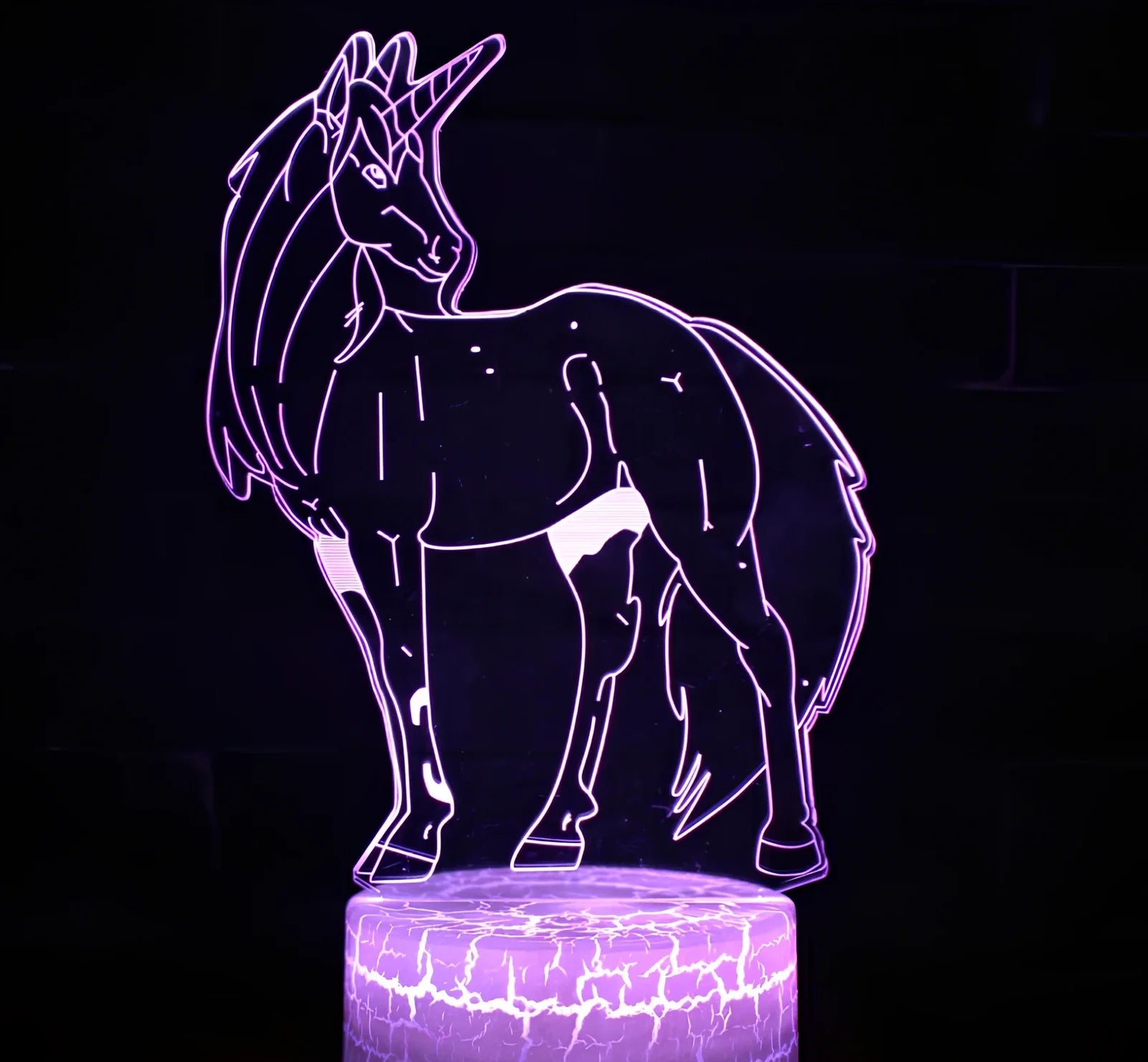 3D unicorn night light with LED illumination on 23cm black ABS base, showing touch controls and USB cable