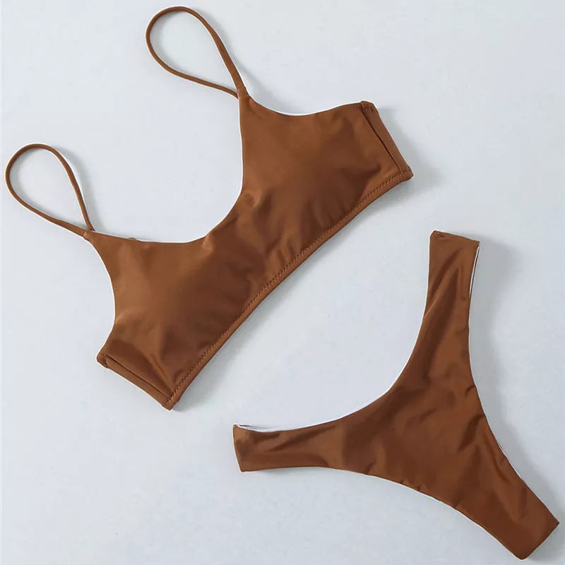 European and American split swimwear in nylon, available in Black, Blue, Coffee, and White
