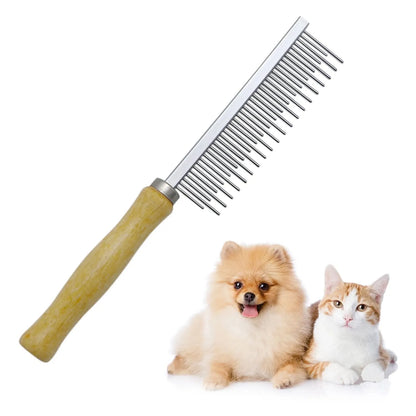 Wooden handle pet grooming comb with rounded needles for dogs and cats on a neutral background