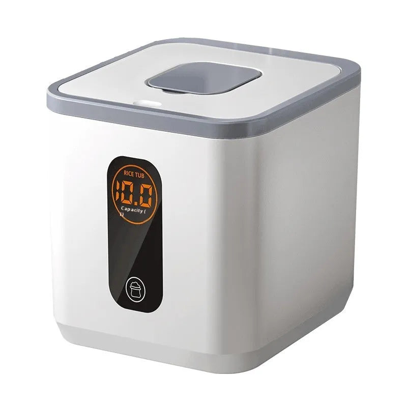 Gray food-grade plastic rice jar with airtight lid and measuring cup for insect-proof storage