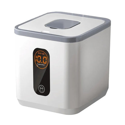 Gray food-grade plastic rice jar with airtight lid and measuring cup for insect-proof storage