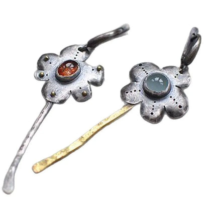 Geometric retro flower earrings with two-tone asymmetrical colour finish on alloy metal