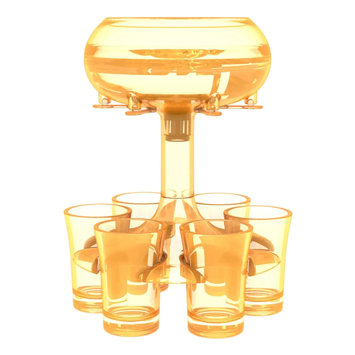 Transparent PMMA 6-shot glass dispenser stand with six shot glasses on a bar