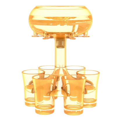 Transparent PMMA 6-shot glass dispenser stand with six shot glasses on a bar