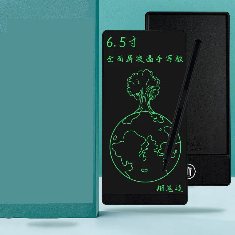 Blue student LCD handwriting board with 6.5 inch screen and stylus on a desk.